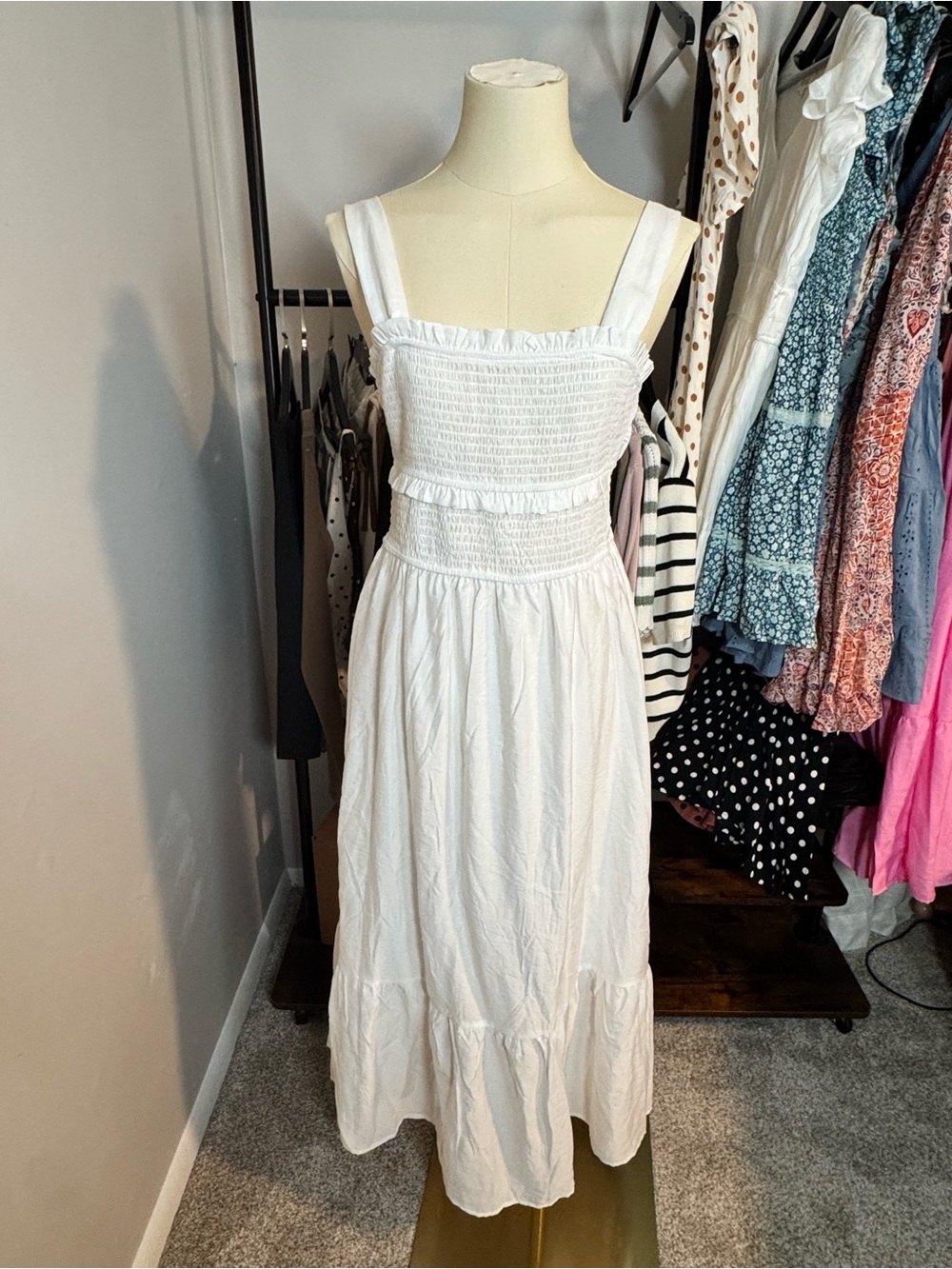 Sleeveless White Smocked Maxi Dress